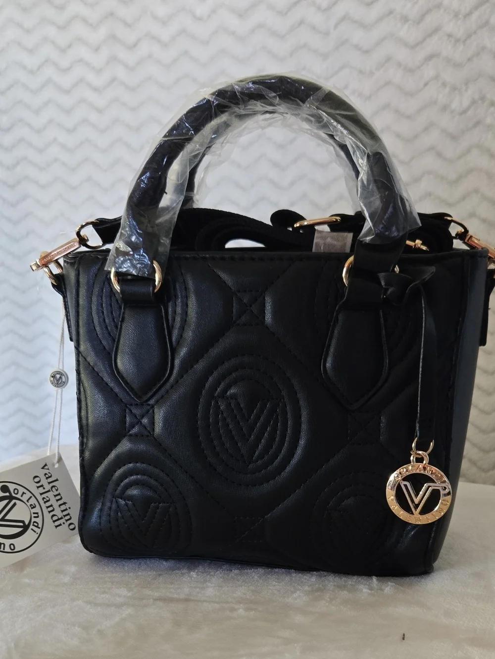 NWT Valentino Black Quilted V-Emblem Top-Handle Satchel